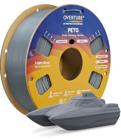 OVERTURE Rapid PETG Filament 1,75 mm Hellgrau | High Speed | Schneller Stabiler 3D Drucker • Hohe Zähigkeit • Hohe Festigkeit • ±0,02 mm Maßgenauigkeit • 1kg Spule • FDM-kompatibel