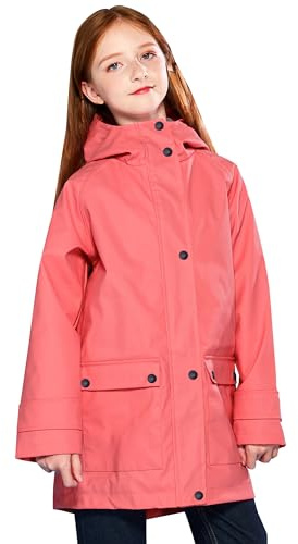 SOLOCOTE Veste de pluie pour enfants avec capuche imperméable et coupe-vent sac à dos en caoutchouc doublé pour filles et garçons Rouge corail 9-10 ans