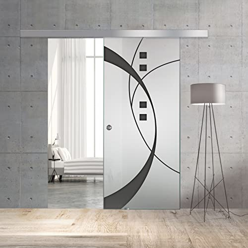 BOSS Porte coulissante en verre Modele SHINE 90x215 cm (60/80/90 cm) Verre Satine 8 mm, modele sable nano-traitement anthracite, kit de quincaillerie complet (90x215 cm, DROIT)