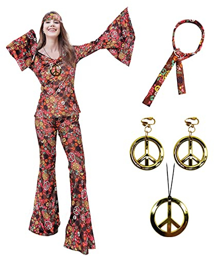 XonyiCos 6 Stück 70er Jahre Hippie Kostüme Zubehör für Damen Disco Outfit, 70er Jahre Mottoparty Kostüm, Halloween Boho Schlaghose