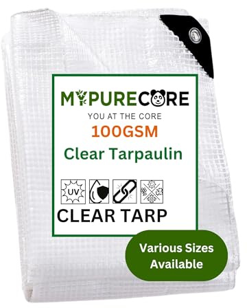 MYPURECORE Clear Waterproof Tarpaulin – Heavy Duty 100GSM Multi-Purpose Tarp – Ideal for Caravan, Garden, Car and Outdoor Protection – UV, Dust, Rain, Snow Resistant – Transparent Cover (5mx5m)