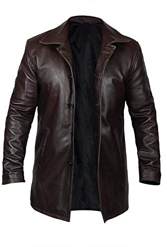 Fashion_First Trench da uomo a 3/4 di media lunghezza, in vera pelle, stile vintage, giacca lunga per auto, cosplay, costumi, Marrone invecchiato., M