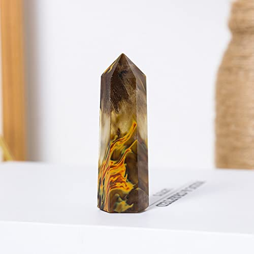 ARKERO Synthetischer Quarz Tigerhaut geschmolzener Stein Kristallsäule Sechseckiges Punktornament Eigelb Schmelzstein Kristallturm, Schmelzstein, 5,6 cm