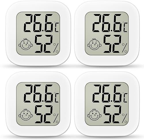 Ainiv Higrometro Digital Termometro, 4 Piezas Mini Termómetro Interior del Higrómetro, Pantalla LED con Logo de Confort para Termometro Ambiental para Hogar Oficina Dormitorio Jardín (Blanco)