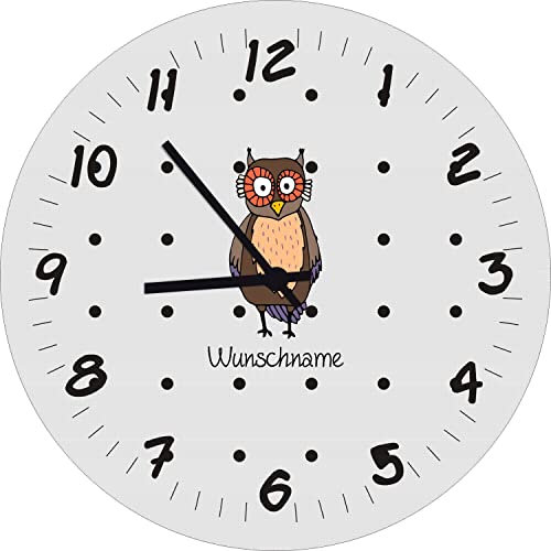 Shirtinstyle Kinderzimmeruhr mit Tiermotiv Eule mit Wunschnamen Geschenk Uhr Kinder Handmade Wanduhr Wunschtext Name, 20cm, Farbe Hellgrau