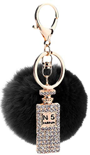 Canarea Schlüsselanhänger plüsch ball Taschenanhänger strass bommel Keychain Elegant Plüsch-Kugel Auto-Anhänger Pompom mit Strass Parfümflasche-Form Glitzer Weich Schlüsselring (Schwarz)