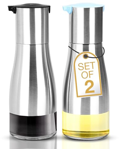 2LB Depot Oil and Vinegar Dispenser Set - Brushed Steel & Glass Containers with Anti-Drip Spout Lid - Easy-Clean - Olive Oil Dispenser Bottle - Minimalist Kitchen Accessory - 7.1H x 2.7L x 2.7W