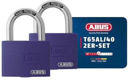 ABUS Vorhängeschloss T65AL/40 myLOCK - individuell beschreibbar - Spindschloss - massiver Aluminium-Schlosskörper - ABUS-Sicherheitslevel 5 - Lila (Packung mit 2)