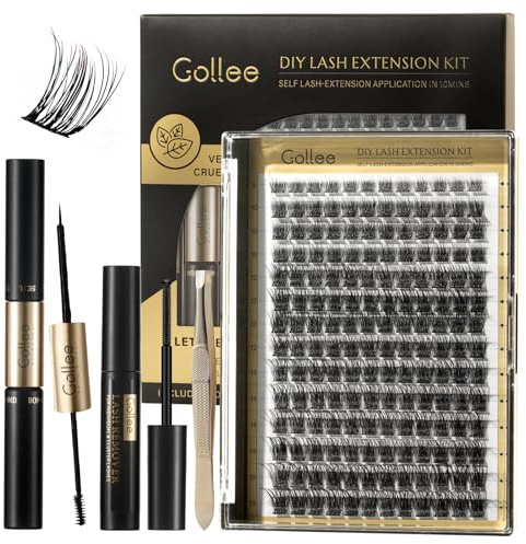 GOLLEE Wimpern Extensions Set Cluster DIY Kit Lash Kleber Entferner und Applikatoren für Wimpernverlängerungs-Anfänger C D Curl Weiche 8-16MM (0.07 D 8-16MM D04)