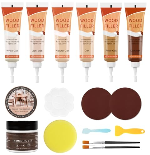 DEWEL Kit Riparazione Parquet, 6 Colori di Stucco Per Parquet, 100g di Stucco per Legno Bianco, Set di Riparazione in Laminato per Riparare Graffi e Fori nei Mobili in Legno (16 Pezzi)