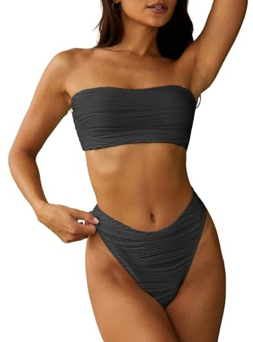 ZAFUL Damen Bandeau Bikini Set Wellen Texture Gerippt Hoher Beinausschnitt Cheeky Trägerlos Zweiteiler Badeanzug Bademode (1-dunkelgrau,M)