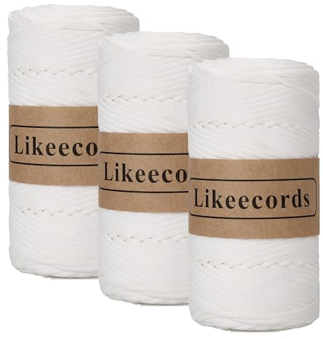Likeecords Makramee-Schnur aus Polyester, geflochten, 4 mm, elastisches Garn zum Häkeln von Taschenschlaufen für Bastelprojekte, Pflanzenampeln, Taschen und Wohnaccessoires, 128 Meter, Schneeweiß, 3