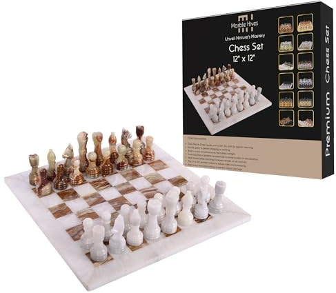 Handgefertigtes Marmor-Schachset - Schwarz & Angori (30,5 x 30,5 cm) - Schachsets für Erwachsene - Schachbretter in Premium-Qualität - Fancy Chess Boards (White and Onyx Green) | Handmade Marble Chess Set - Luxury Handmade Marble Set - Chess Sets for Adults - Premium Quality Boards