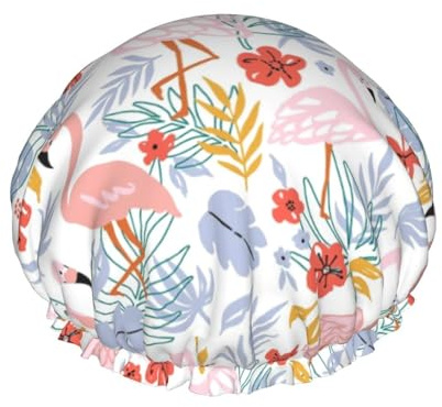 Wiederverwendbare Duschhaube für Damen, Flamingo-Blumenblätter, Badehaube, doppellagig, wasserdicht, Dusch-Haarschutz, verstellbares Gummiband, Duschhut für Home-Spa-Salon, Badehauben