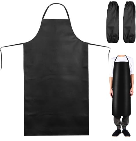 elthmpr Waterproof Leather Apron - 43 Waterproof Aprons for Men with 2 Sleeves Artificial Leather Black Adjustable for Dishwashing Kitchen Heavy Duty Work Apron for Chef Butcher