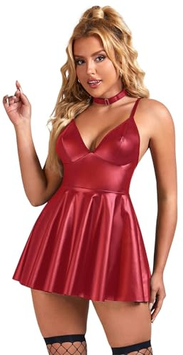 ohmydear Vestido de Piel para Mujer Lencería Sexy para Sexo Línea A Vestido de Fiesta para Mujer Faldas de Aspecto Mojado Babydoll de Piel Sintética Ropa Interior Cuero Sexy Elegante
