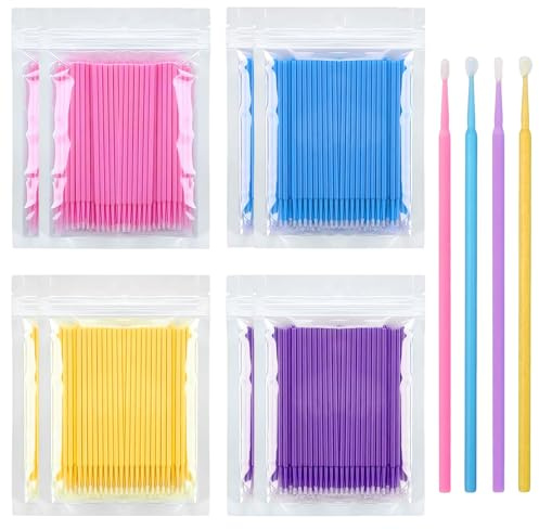 Elepl 800 Stück Microbrush Stäbchen Microbürstchen Reinigungsstäbchen Mikro Applikatoren Bürsten Microbürsten Wimpernbuerste Wattestäbchen für Wimpernverlängerung Makeup (Blau Gelb Rosa Lila)