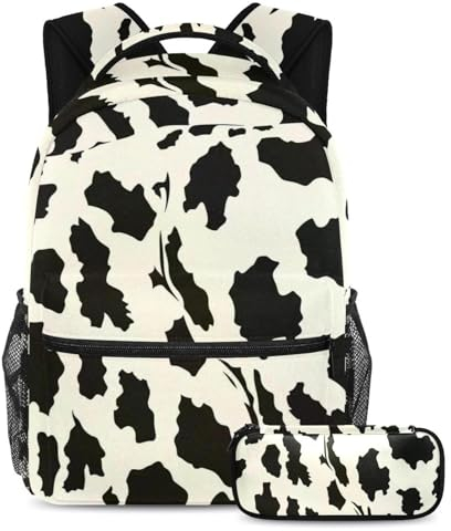 Schulranzen-Set mit braunem Kuhfell-Aufdruck, großes Fassungsvermögen, Rucksack mit Federmäppchen, perfekt für Studenten, Jugendliche und Reisen, 2-teilig, Brauner Kuhfell-Druck, Größe L