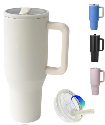 ZHUIYIWIN Thermobecher, Kaffeebecher to Go Thermobecher, Perfekt für Heiße & Kalte Getränke, Vakuum Auslaufsicher Trinkbecher mit Strohhalm und Henkel, Isolierflasche Trinkflasche, weiß, 30OZ