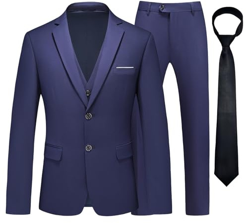 KUDMOL Herren Anzug 3 Stück Zwei Knöpfe Business Hochzeit Smoking Herren Anzug Jacke Weste Hose Set mit Krawatte（Marineblau,3XL