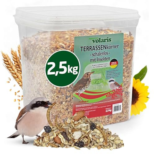 Eggersmann volaris Terrassenkörner mit Insekten 2,5 kg – Schalenfreies Wildvogelfutter mit Mehlwürmern, Sonnenblumenkernen UVM. – Ganzjahresfutter, Protein- & energiereich – Streufutter für Wildvögel