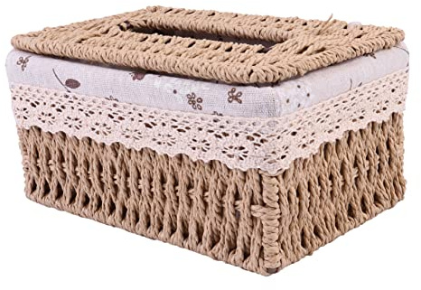 HOLIDYOYO Handgewebte Rattan Taschentuchbox für Zuhause und Büro Verschleißfest und Dekorativ Aufbewahrungsbox mit Stoffbesatz für Schreibtisch und Wohnzimmer
