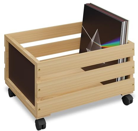 Relaxdays Schallplatten Kiste, Bambus, mit Rollen, 50-80 Vinyls, HBT: 27 x 43 x 34 cm, Aufbewahrungskiste, natur/schwarz