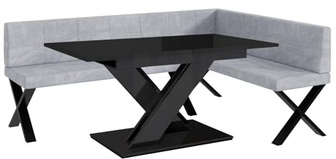 MEBLINI Eckbank für Esszimmer mit ausziehbarem Tisch - Küchenbank - Essecke - Sitzecke Küche - Peter - X-Beine 142x196x87cm Rechts - Hellgrau Samt/B Schwarz Hochgl.