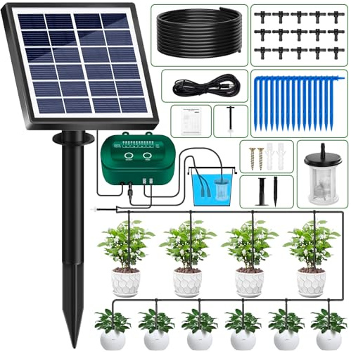 Solar Bewässerungssystem Automatische Bewässerungssystem Garten, Selbstbewässerungssystem 12 Timing Modi und 15M Tropfschlauch Solar Bewässerung für Indoor, Balkon, Garten, Topfpflanzen im Freien