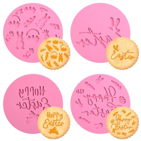 URROMA 4Pcs Happy Easter Acrylic Embosser Stamps Pink Cookie Moulds Cookie Cutters for DIY Baking Cake/Sugar Paste/Cupcake/Chocolate/Fondant