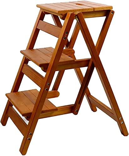 Sgabello con scaletta a 3 gradini Sgabello pieghevole multifunzione per scale Sgabello a doppio uso Sgabello pieghevole per scale in legno massello per la casa Carico massimo 150 kg (Colore legno)