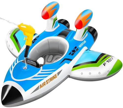 Pool Float Kids Inflatable Airplane Pool Floats Boat with Squirt Gun and Handle Toddler Pool Floaties Inflatable Ride-on Pool Toys Summer Outdoor Water Pool Games Beach Toys Boys Girls Ages 3-6 (Blue)