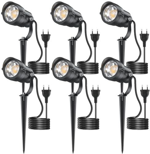 HIBOITEC 6 Stück Gartenbeleuchtung mit 1,5 m Kabel, 12W Gartenstrahler | 1320LM Warmweiß Gartenleuchten mit Strom, 270° Schwenkbar Garten Beleuchtungen für Hof, Gehweg, Terrasse