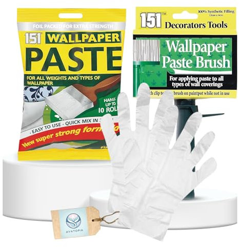 151 All Purpose Wallpaper Adhesive (10 Rolls) With Wall Paper Brush & Plastic Gloves – Wallpaper Paste Kit, Ideal for All Wall Paper Roll Types – Ready Mixed Wall paper Paste & Wallpapering Tools Set