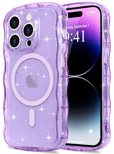 Pepmune Cover Glitter per iPhone 14 Pro Max Compatibile con Magsafe, Viola | Cornice Ondulata Forma Custodia. Brillare Glitter Cover per Donne e Ragazze. Protettiva Sottile Antiurto Case.