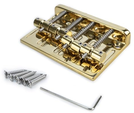 OVSAL Electric Bass Guitar Bridge with Stainless Steel Saddles Zinc Alloy Plate 4 String Fixed Bridge Compatible with Fender Jazz Precision Bass Bridge Replacement Parts(Gold)