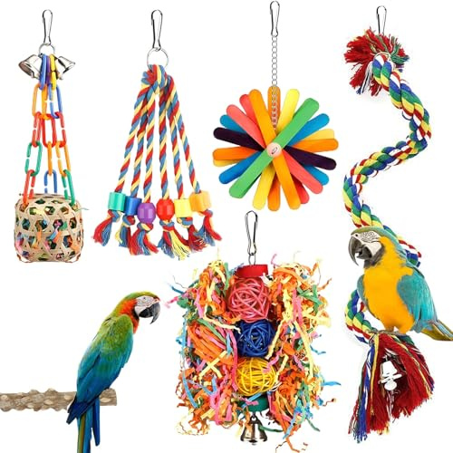 Zyiphor Jouets pour Oiseaux Perchoir en Corde pour Conures Jouet à Suspendre en Papier Déchiqueté Accessoires à Mâcher pour Cage à Oiseaux, Perroquet, Perruche, Calopsitte, Inséparable