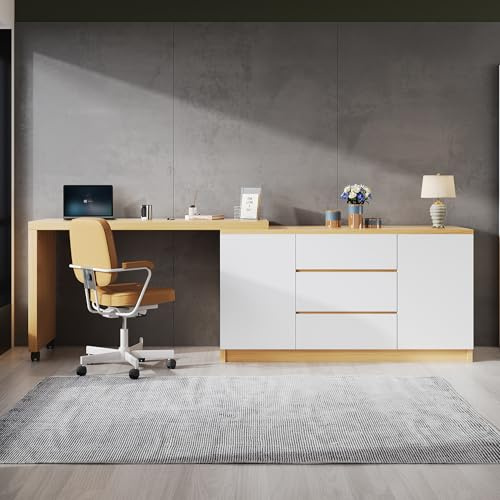 YuQozii Escritorio con ruedas con bloqueo, diseño multifuncional, mesa giratoria de 4 cm de grosor, con bloqueo fijo, blanco/roble, plegable, escritorio de esquina, aparador