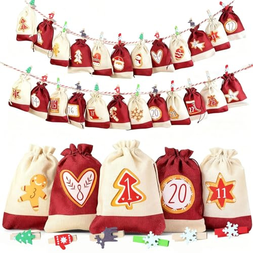 Rongxze Calendario de Adviento de tela para rellenar, 24 unidades, con 24 clips de Navidad (6 colores x 4) pegatinas de Navidad y cuerda, para envolver regalos de Navidad, bolsas de Adviento