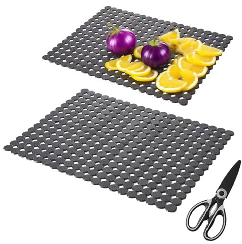 Tapis Évier Cuisine, Lot de 2 Tapis D'évier Découpable, 30 x 40 cm Évier Natte en PET, Natte D'égouttement Rapide avec 1 Paire de Ciseaux, pour Éviers en Céramique(Noir Translucide)