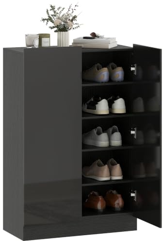 HOMCOM Zapatero de 2 Puertas Brillo con Cierre Suave Negro 72x34,5x103 cm | Zapatero Entrada Recibidor, Estantes Ajustables, Agujeros de Ventilación, para 20 Pares de Zapatos