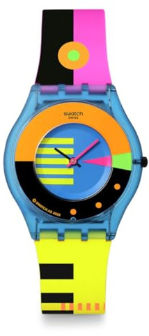 Swatch Skin Classic Biosourced Montre-Bracelet Unisexe décontractée à Quartz étanche, Neon Flumotions, Rétro