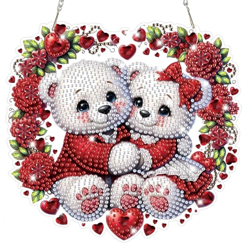 Lxmsja Bär Diamond Painting Anhänger, 5D Valentinstag Diamond Painting Blume Fensterbilder für Erwachsene, Bastelset Kreativ Set, Hängend Ornament Tür Fenster Wand Eingang Decor, Geschenke für Frauen