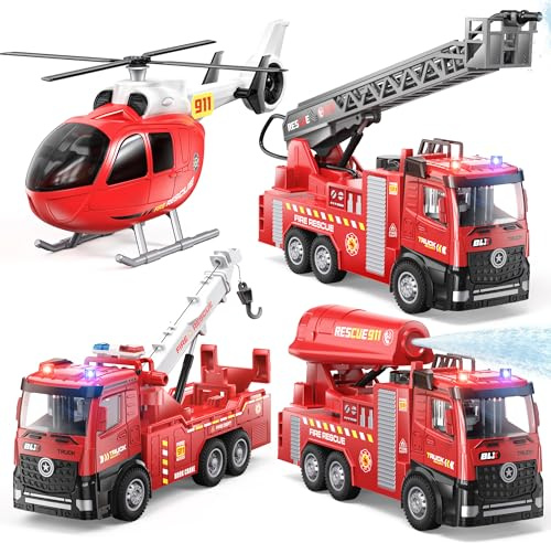 Vanvimen 4 Pack Fire Truck Toy for 2 3 4 5 Year Old Boys, 9 Fire Truck Toys for Toddlers 1-3 3-5, Firetruck Toy with Light, Sound & Sprinkler Pump, Toys for 2 3 4 5 Year Old Boys, Toys for Boys