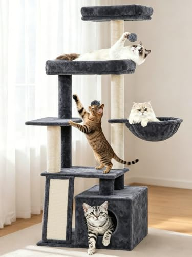 Fobyfurny Kattklätterträd för Inomhuskatter 144 cm, Klösstativ i Flera Nivåer med Bekväm Koja, 2 Sittplatser, Korg, Pomponger, 4 Sisalstolpar, Klösbräda, Viloplats, Mörkgrå FPMS010FG2