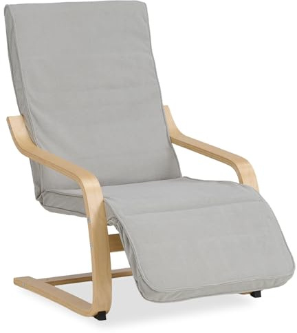 Homestyle4u Relaxsessel mit Liegefunktion - Cord Hellgrau, Holzgestell | Schwingstuhl mit verstellbarer Fußstütze & Armlehnen – Sitzhöhe 39 cm, bis 150 kg, abnehmbarer Bezug
