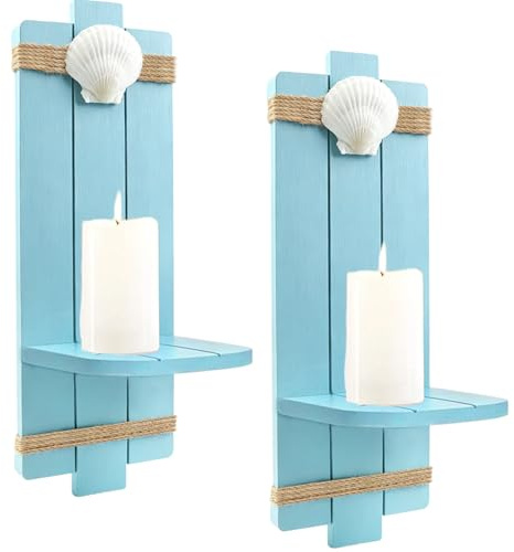 Fangoo 2Pcs 40cm Blue Wooden Wall Candle Holders with Natural Sea Shell Ocean Themed Wall Mount Candle Sconces Rustic Farmhouse Decorations for Bathroom Home Living Room Hallway Hanging Floral Display