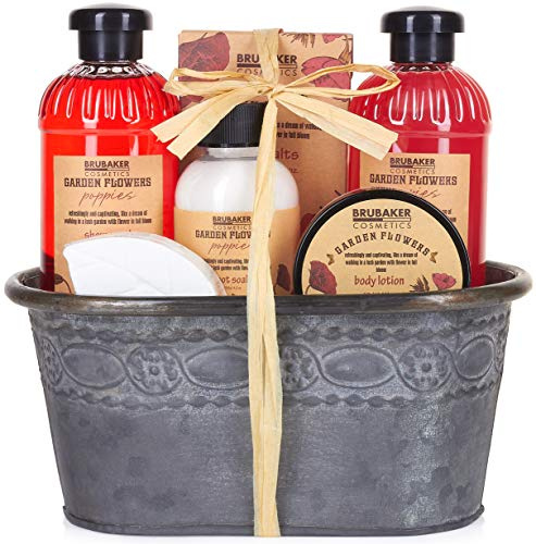 BRUBAKER Cosmetics Bade- und Dusch Set Mohnblumen Duft - 7-teiliges Geschenkset im Vintage Pflanzkübel