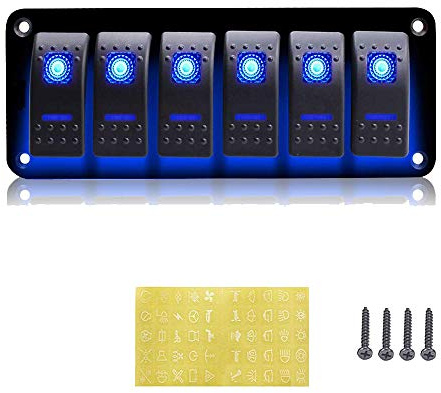 Geloo 6 Gang Wippschalter Panel für Boot Marine Kippschalter 12V/24V Wasserdicht Schalter Panel für Car RV Marine Boot Truck (Blau)