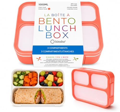 Bento Box Adult Lunch Box | Lunch Boxes for Adults Kids Women | 3 Compartments |Portion Control Meal Snack Container for Big Kids Teens Work School | Leakproof Divided Containers | Coral - Orange